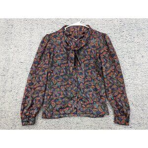 VTG Paisley Puff Sleeve Top Size 6 / S Tie Neck Romantic Artsy Office 70s Purple